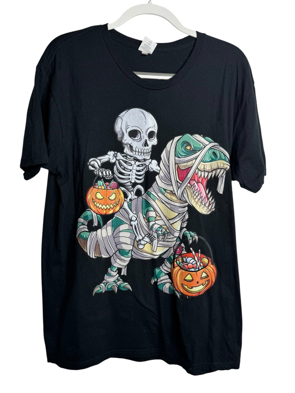 Men’s Black Halloween Skeleton Riding Mummy T-Rex Graphic Tee